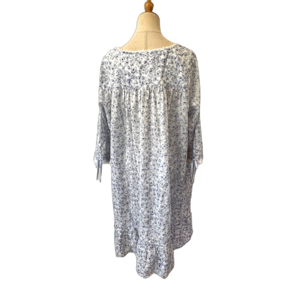 Eileen West Blue White Floral Nightgown XL Cotton Midi 3/4 Sleeves Lace Trim - Picture 2 of 9